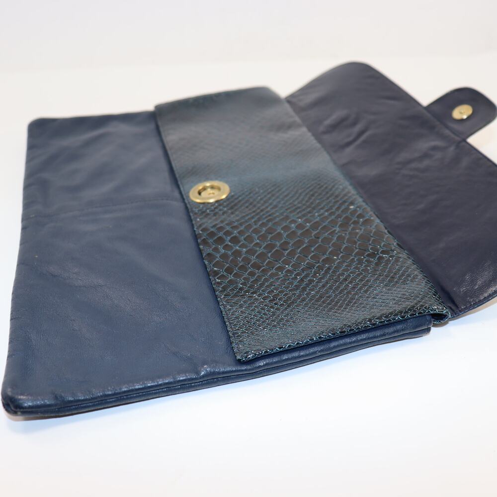 Vintage Navy Blue‎ Leather Envelope Clutch Purse Dual Flap